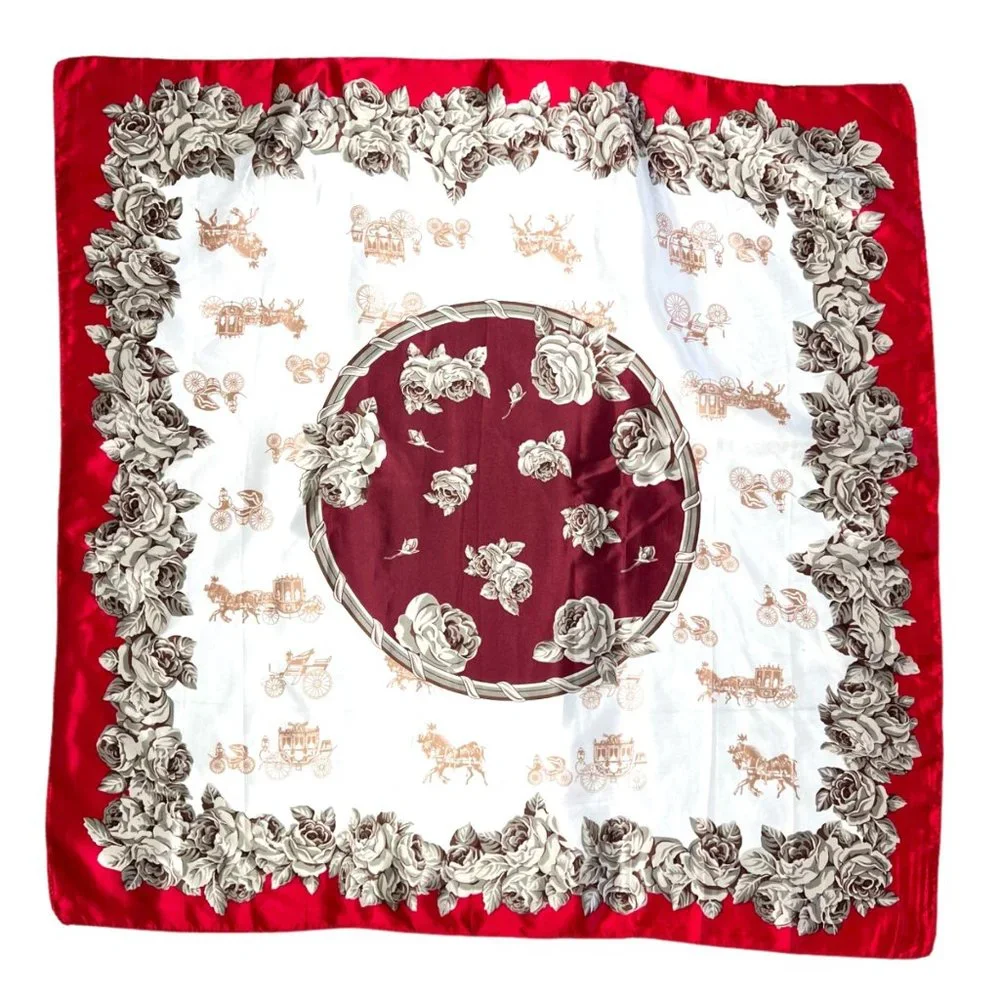 NEW Burgundy Red Ivory Roses and Carriages Printed Square Silky Scarf Wrap